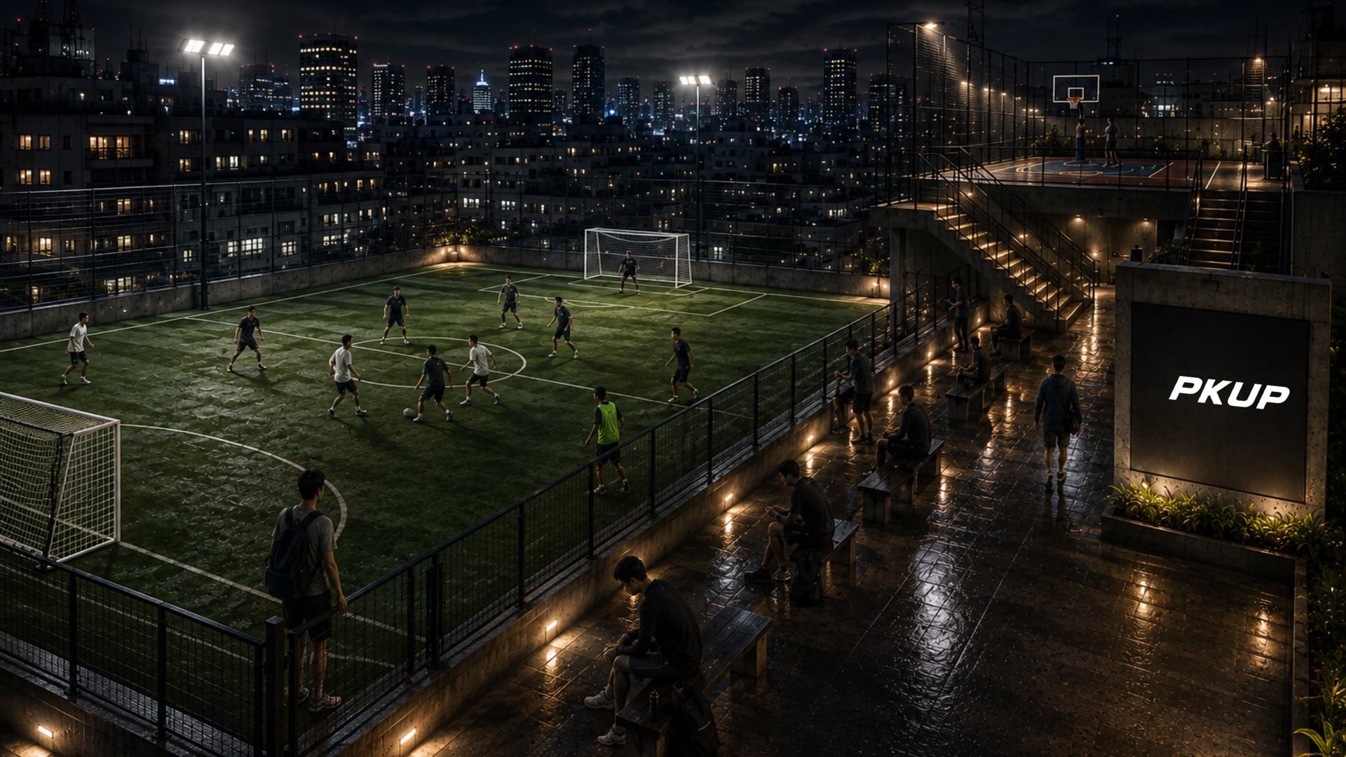 Constructed nighttime rooftop soccer scene with a small-sided game on floodlit turf, a city skyline, a wet social walkway, a distant elevated basketball court, and a small PKUP wordmark on a dark wall.