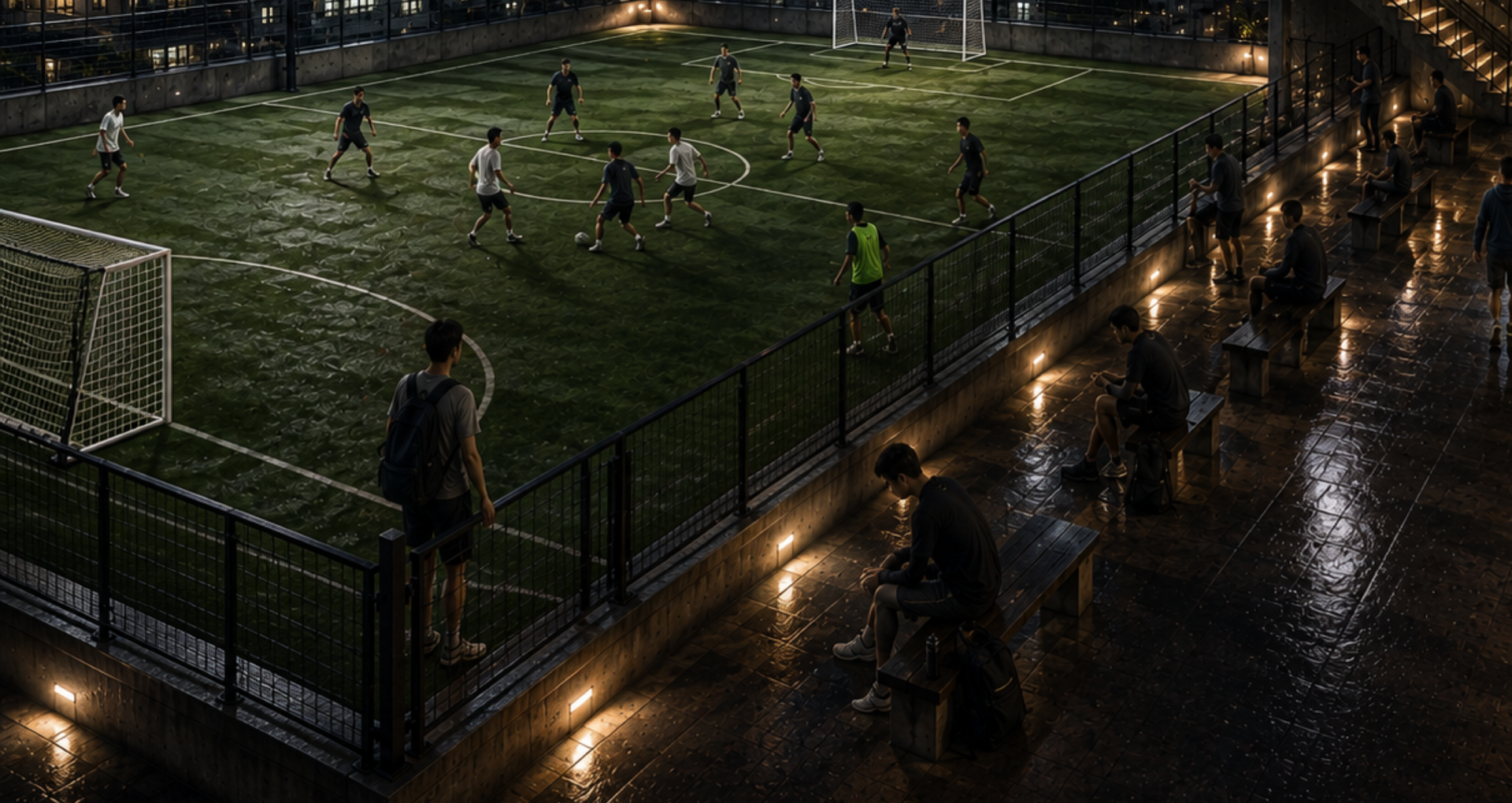 Constructed nighttime rooftop soccer scene with a small-sided game, a wet walkway, and city lights beyond.